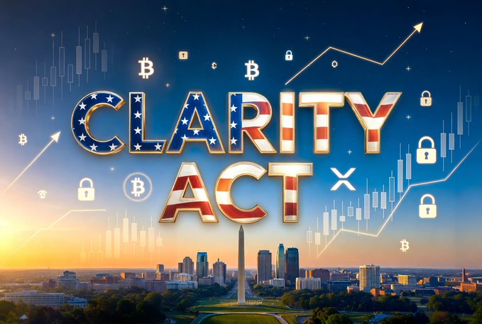 A promotional graphic for the 'CLARITY ACT' featuring the text styled with the American flag pattern, set against a cityscape at sunset with cryptocurrency symbols (Bitcoin, lock icons) and trading chart lines.