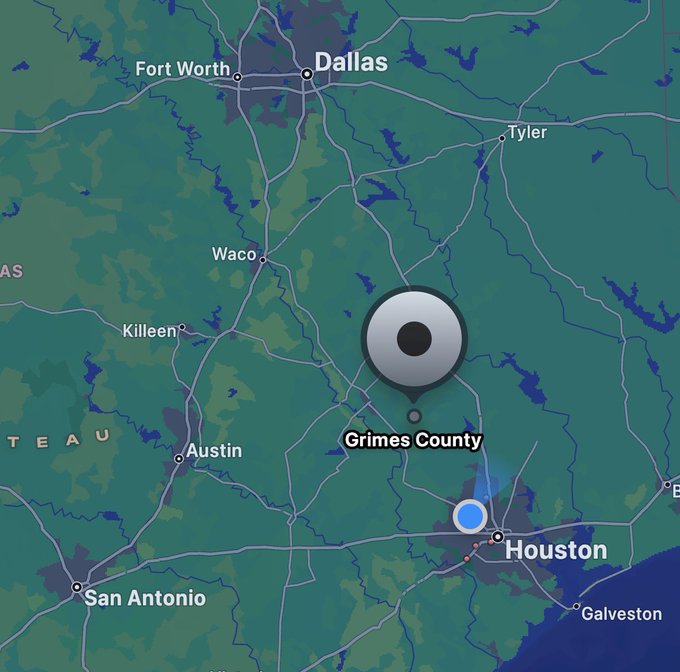 A map of Texas showing a location pin near Houston labeled 'Grimes County' along with major cities like Dallas, Austin, San Antonio, and Houston.