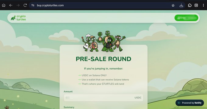 The screenshot shows the "PRE-SALE ROUND" page for Crypto Turtles ($TURTLE) at buy.cryptoturtles.com, featuring cartoon turtle characters and a purchase interface requiring USDC on Solana. The post highlights the user's entry into this presale via the displayed website, promoting the $TURTLE token purchase opportunity.
