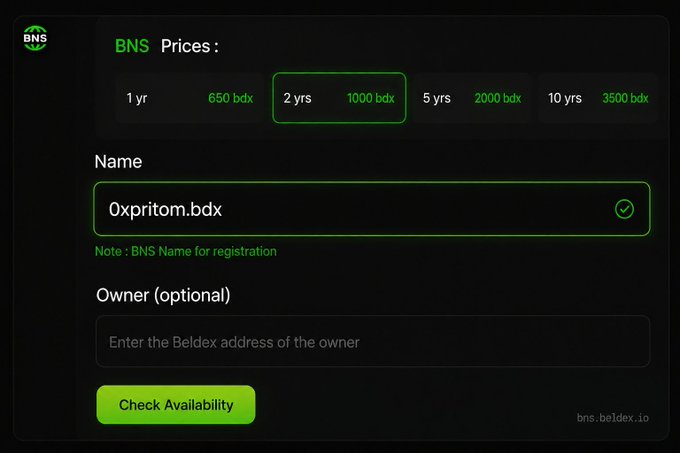 A dark-themed registration page for BNS (Beldex Name Service) displaying pricing tiers in bdx (650, 1000, 2000, 3500) and an input field containing '0xpritom.bdx' above a 'Check Availability' button.