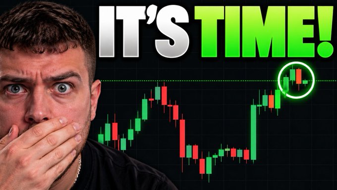 A shocked young man covers his mouth beside a green-and-red candlestick chart with the bold text "IT'S TIME!" displayed above, visually reinforcing the post's urgent message that Bitcoin's price action is signaling a major move. A circled candle at the chart's peak emphasizes the dramatic upward trend referenced in the caption about an imminent Bitcoin rally.
