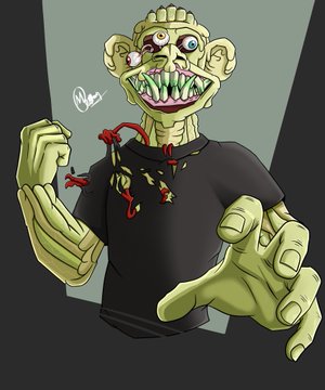 Digital artwork of a green-skinned zombie-like character with sharp teeth and a damaged neck, wearing a black shirt with red string details, gesturing with its hands.