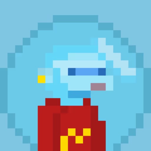 A pixel art portrait of a character with light blue hair, wearing blue sunglasses, and a red shirt with a yellow 'M' logo on it against a light blue background.