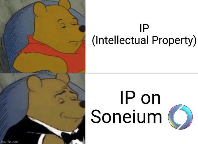 In the context of the caption provided, the image metaphorically represents the evolution of Intellectual Property (IP) on the Soneium platform. The transformation of Winnie the Pooh from casual to dressed up signifies the shift from traditional IP to on-chain IP.