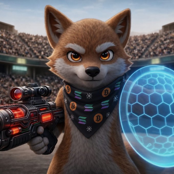 ursa, a brown fox with white spots and a black bandana, stands on hind legs holding a gun against a backdrop of a stadium filled with spectators.