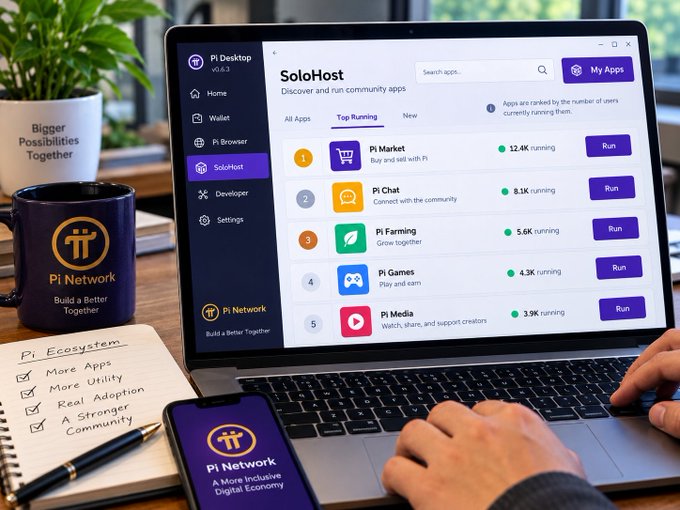 A user navigates the Pi Desktop SoloHost app marketplace, where community-built apps like Pi Market, Pi Chat, Pi Farming, Pi Games, and Pi Media rank by active users, illustrating how developers can leverage Pi's ecosystem tools (users, KYC, Wallet, Sign-in, payment, Browser, and computing resources) to transform Pi from a mere token into a full user and commercial platform.