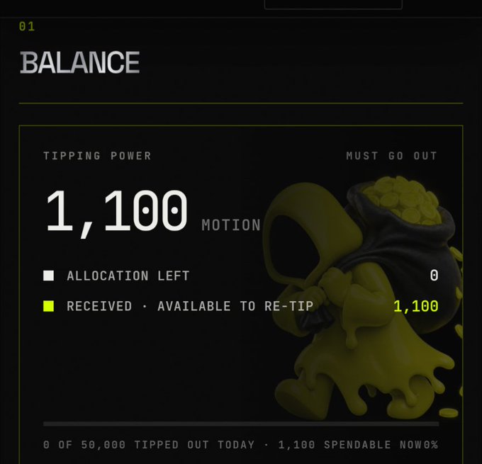 A dark digital dashboard titled "01 BALANCE" shows a "TIPPING POWER" of 1,100 MOTION tokens, with "ALLOCATION LEFT: 0" and "RECEIVED - AVAILABLE TO RE-TIP: 1,100," alongside a green duck mascot carrying gold coins.