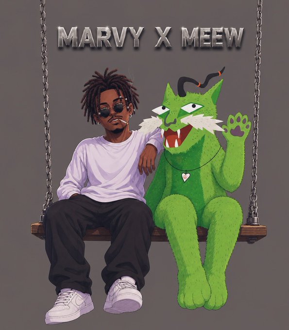 Digital artwork titled 'MARVY X MEEW' depicting a young man with dreadlocks and sunglasses sitting on a swing next to a green anthropomorphic cat-like creature.