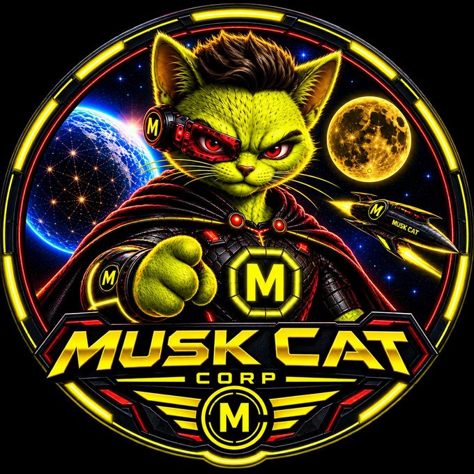 A colorful, circular logo for 'MUSK CAT CORP' featuring a green cat in futuristic armor with a glowing red eyepatch, set against a space backdrop with planets and a rocket ship.