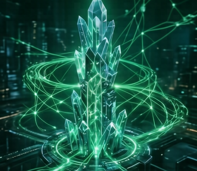 A vibrant digital artwork depicting glowing green crystal formations surrounded by luminous energy rings and network-like light patterns against a dark technological cityscape background.