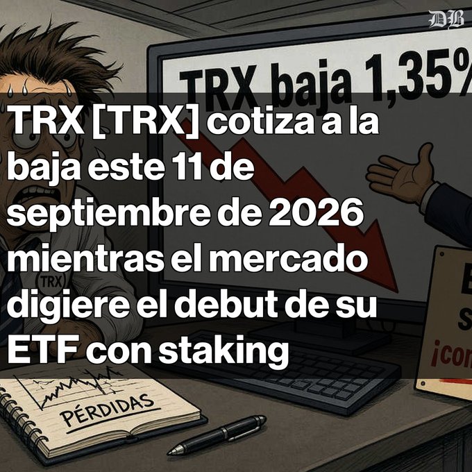 A cartoon illustration of a sweating, distressed man at a computer showing a declining red graph, with Spanish text reading 'TRX [TRX] cotiza a la baja este 11 de septiembre de 2026 mientras el mercado digiere el debut de su ETF con staking', and a notepad labeled 'PÉRDIDAS'.