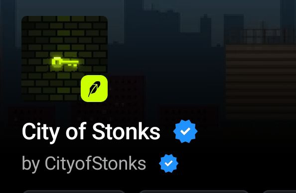 An app or game screen titled 'City of Stonks by CityofStonks', featuring a brick wall with a glowing green key and a verified checkmark badge.