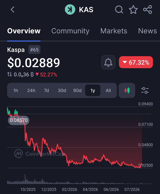 A CoinMarketCap screenshot showing the 1-year price chart for KAS (Kaspa) at $0.02889, displaying a severe downward trend with a 67.32% drop.