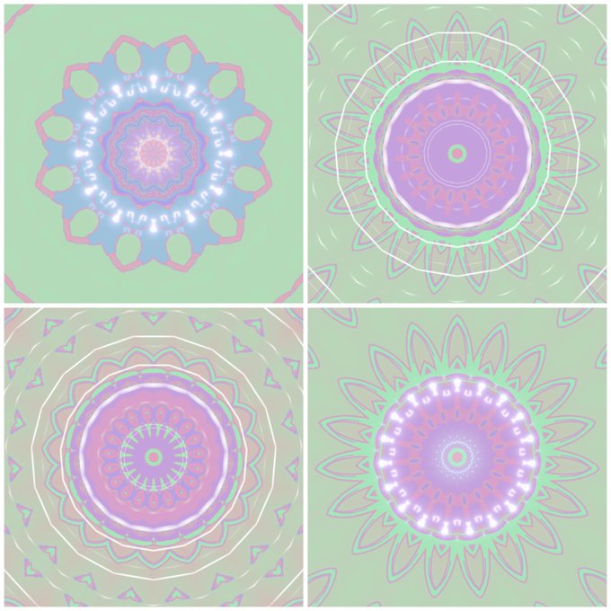 Four pastel-colored mandala designs are arranged in a grid, featuring intricate geometric patterns in shades of green, purple, and pink with glowing highlights.