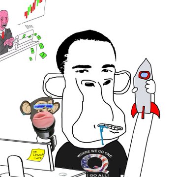 A cartoon-style 'wojak' meme illustration features a man with 'WHERE WE GO ONE WE GO ALL!' text on his shirt, alongside a monkey character, a rocket, and stock charts with dollar signs.