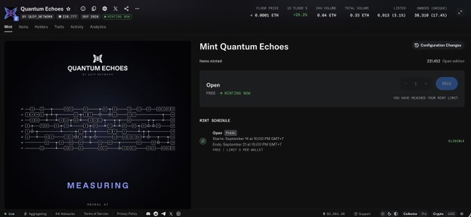 A dark-themed webpage for 'Quantum Echoes' featuring an abstract digital graphic and a minting interface with status 'Open' and 'Minting now'.
