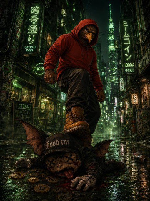 A hooded figure in a red jacket steps triumphantly on a defeated rat wearing a cap labeled "hood rat" in a neon-lit cyberpunk alley, with Japanese signage reading "暗号通り" and "CRYPTO DORI," alongside signs for "HODL" and "1000X 夢を見る," symbolizing Robinhood's rise overtaking rivals as teased by the "The flippening is coming. $HOODBIRD" caption.
