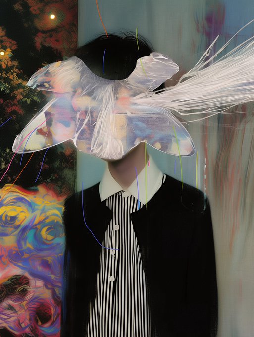 An artistic digital illustration of a figure in a black and white striped shirt and black jacket, with their head obscured by a colorful, flower-like digital brush stroke effect.