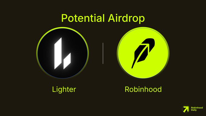 A dark promotional graphic titled "Potential Airdrop" featuring the Lighter and Robinhood logos side by side, highlighting a collaboration where 11 million $LIT tokens (~$25M) are allocated for Robinhood users to earn points by trading perps on the Robinhood Chain instance.