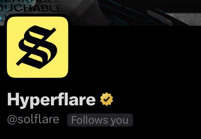 A profile card for 'Hyperflare' (@soltflare) with a yellow checkmark verification badge and 'Follows you' indicator, featuring a stylized S logo.