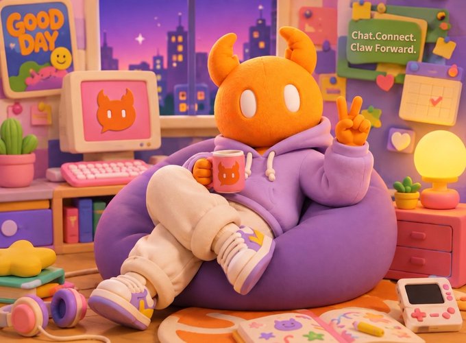 An orange horned character relaxes on a purple beanbag chair in a vibrant room, holding a cat-logo mug and making a peace sign, surrounded by retro gaming items and a "GOOD DAY" sign with text "Chat.Connect.Claw Forward." on a corkboard. The cozy, playful scene mirrors the post's theme of bridging Bitcoin's secure but inflexible main chain with more usable off-chain solutions, using the "claw forward" motto as a playful nod to the trust and connection needed to move assets across layers.
