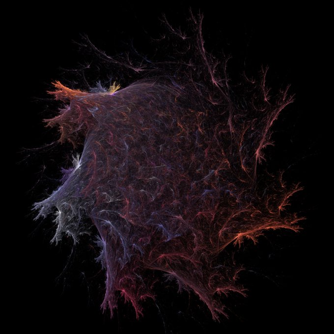 An abstract, digitally generated image resembling a complex, branching neural or root-like structure in hues of red, purple, and orange against a black background.