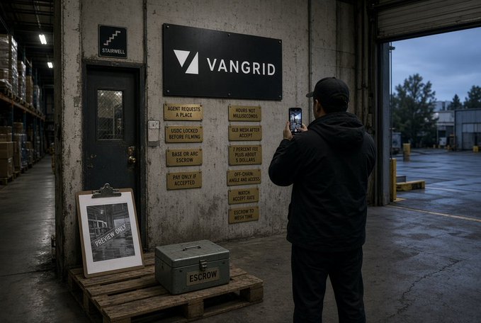 A man takes a photo of a "VANGRID" branded wall inside a warehouse, with informational signs outlining services like "AGENT REQUESTS A PLACE," "HOURS NOT IN MILLISECONDS," "PAY ONLY IF ACCEPTED," and "ESCROW TO PROTIOW," alongside an escrow box labeled "ESCROW." The setup mirrors Vangrid's pitch for a transparent, escrow-backed AI agent marketplace where real estate listings are only paid for upon acceptance.