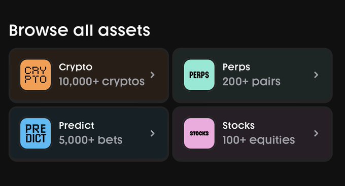 A "Browse all assets" menu displays four categories: Crypto (10,000+ cryptos), Perps (200+ pairs), Predict (5,000+ bets), and Stocks (100+ equities). The image visually reinforces the post's point about Massdot tackling crypto's fragmentation problem by consolidating multiple asset types—cryptocurrencies, perpetual futures, prediction markets, and stocks—into a single unified platform.