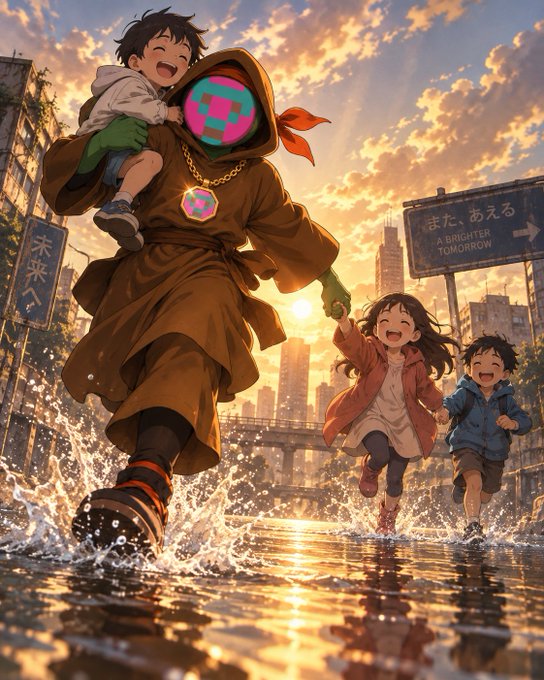 A masked guardian in a brown cloak carries a laughing child on one arm while holding hands with two other joyful children running through water at sunset, with a billboard reading "また、あえる A BRIGHTER TOMORROW" in the background—visually embodying the post's message of protecting the next generation and leaving a brighter future behind.