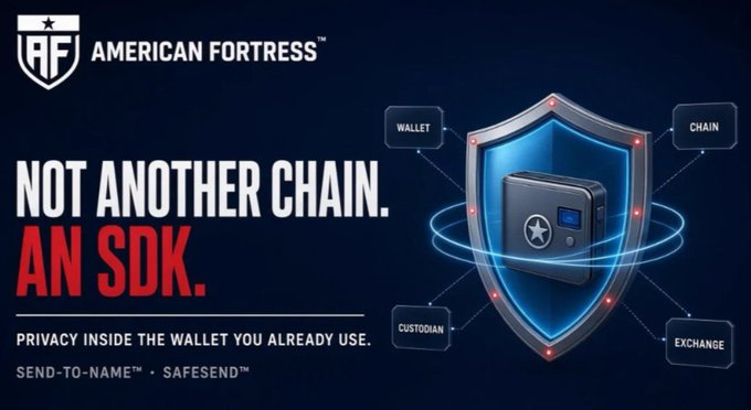An advertisement for 'American Fortress' with the tagline 'NOT ANOTHER CHAIN. AN SDK.' featuring a graphic of a shield protecting a wallet, with labels for 'WALLET', 'CHAIN', 'CUSTODIAN', and 'EXCHANGE'.