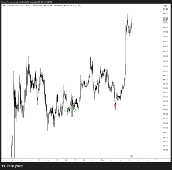 A TradingView chart shows ZEC/USDT perpetual contract prices: the trader went long near $785 at the green circle, covered below $800 at the red circle, then ZEC surged past $960. The chart captures the missed upside after the early exit.