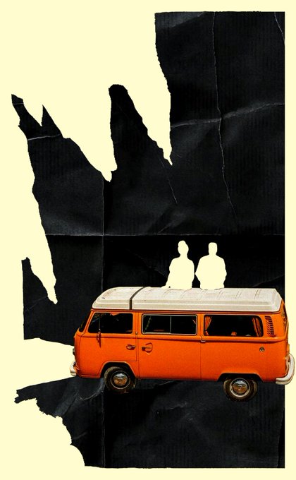 A collage-style artwork featuring an orange vintage van with a white pop-top roof, set against torn black paper on a cream background, with two white silhouetted figures appearing above the van.