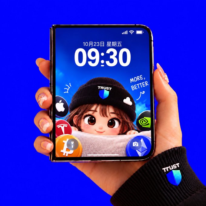 A hand holds an iPhone displaying a colorful “iPhone Duo” wallpaper with an illustrated girl in a TRUST Wallet cap, app icons, and the text “09:30,” “10月23日 星期五,” and “MORE, BETTER.” The TRUST branding appears on the hat and sleeve, matching the post about sharing the wallpaper for #TrustWallet.