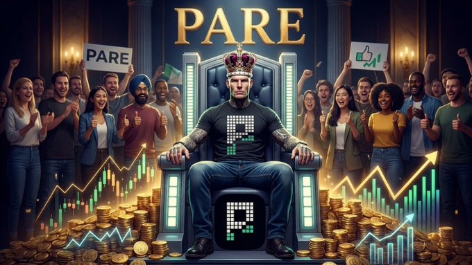 A crowned figure sits on a throne surrounded by cheering crowds, gold coins, and rising charts, with "PARE" displayed prominently overhead and on signs held by supporters. The image symbolizes early believers rallying behind a promising crypto project before it gains mainstream attention—mirroring the post's message about recognizing strong setups during their overlooked "awkward phase."