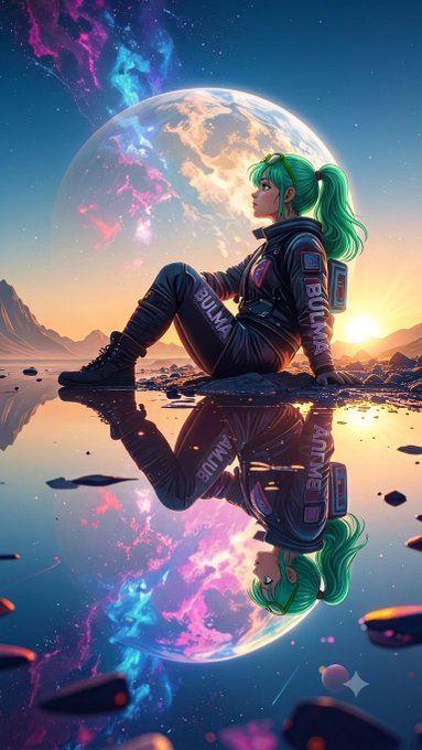 A digital illustration of an anime-style girl with long green hair in a ponytail, wearing a futuristic black outfit, sitting on a reflective surface with a colorful planet and nebula in the background.