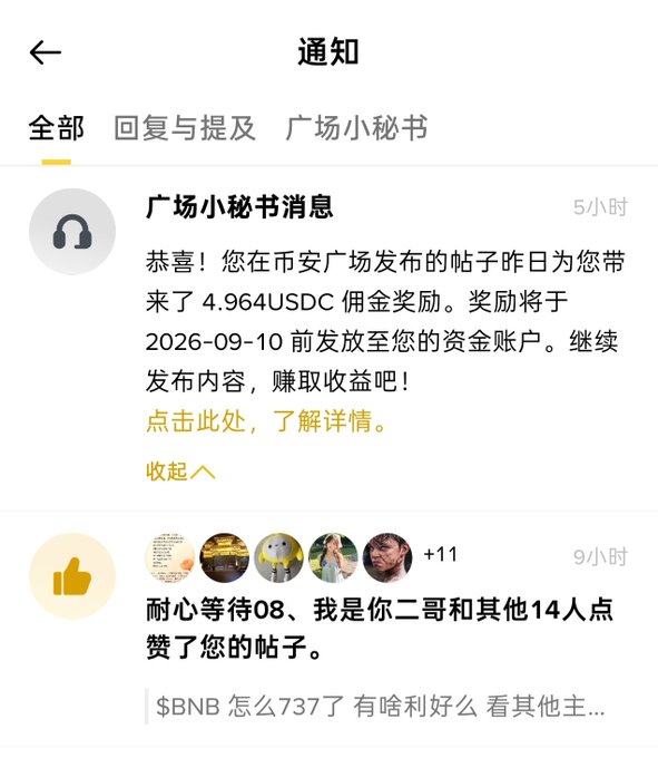 A Chinese-language mobile app notification screen showing a message from '广场小秘书' (Plaza Secretary) informing the user that their post earned a 4.964 USDC reward, with a second notification showing that 16 users liked their post about BNB.