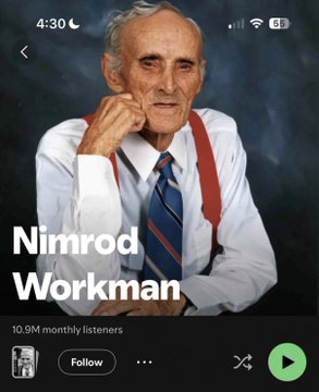 A Spotify profile screenshot of "Nimrod Workman" showing 10.9M monthly listeners with a follow button, paired with the celebratory caption "we won" to highlight the achievement of surpassing 10 million monthly listeners.