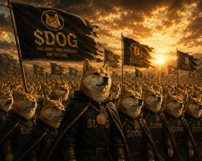 Digital artwork depicting a vast army of anthropomorphic Shiba Inu dogs wearing black uniforms and '$DOG' branded chains and flags, set against a dramatic sunset sky with the motto 'ONE ARMY, ONE MISSION, ONE FUTURE.'