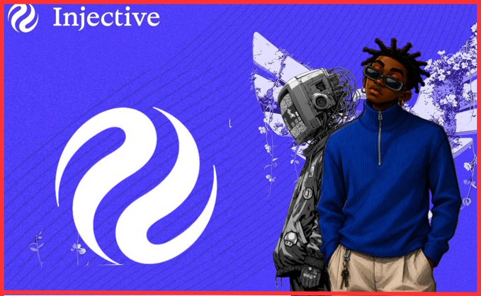 A promotional banner for Injective featuring a stylized logo on a purple background and an illustration of a young man with dreadlocks wearing sunglasses and a blue sweater, alongside a robot figure with a CRT monitor head.