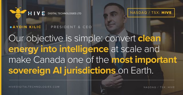 Aydin Kilic, President & CEO of HIVE Digital Technologies Ltd (NASDAQ/TSX: HIVE), appears alongside a quote stating the company's mission to "convert clean energy into intelligence at scale and make Canada one of the most important sovereign AI jurisdictions on Earth." The image reinforces the post's message about HIVE's BUZZ HPC serving as Canada's sovereign AI engine, emphasizing Canadian-built compute and data infrastructure for high-demand workloads.