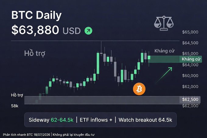 The image displays a BTC Daily candlestick chart showing a current price of $63,880 and a sideways market pattern within a range of roughly $62k to $64.5k, which aligns with the text describing a consolidation phase after a rebound from $58k and anticipating a breakout at the 64.5k resistance level.