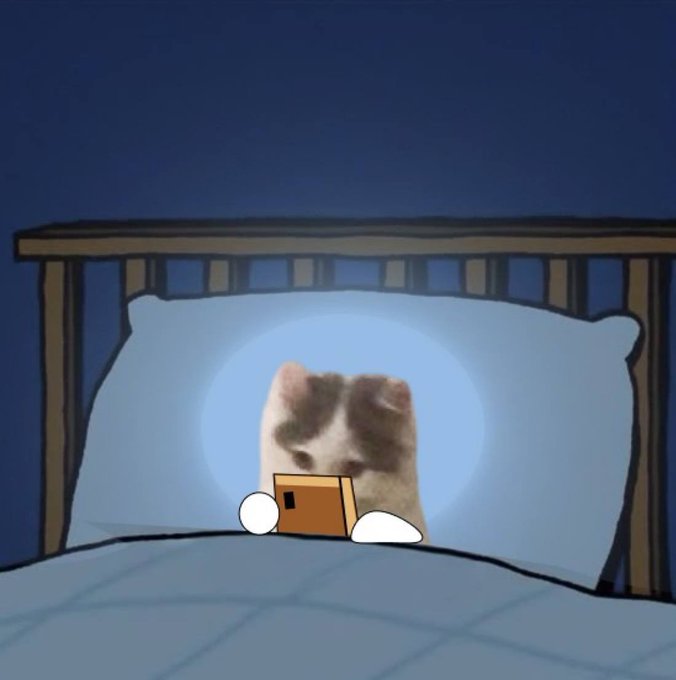 A cartoon cat tucked into bed holding a phone, the screen's glow illuminating its face in the dark.