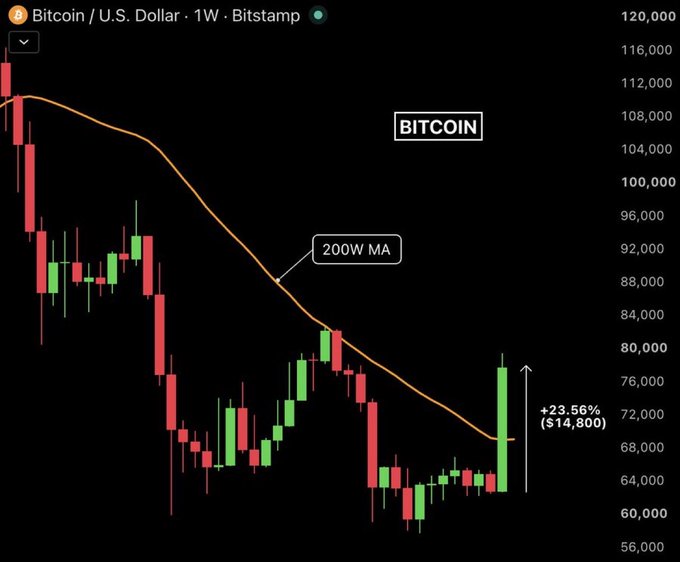 A Bitcoin/U.S. Dollar weekly candlestick chart from Bitstamp showing a significant downtrend with a labeled '200W MA' line and a recent +23.56% ($14,800) recovery.