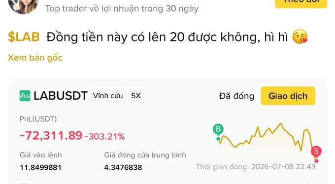 A trading app screenshot in Vietnamese showing a closed LABUSDT perpetual position with a PnL of -72,311.89 USDT (-303.21%), with a comment above asking if the token will reach 20.