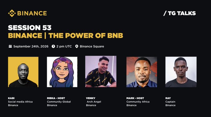 The image is a promotional graphic for "Session 53: Binance | The Power of BNB," a Binance Square/TG Talks livestream scheduled for September 24th, 2026, at 2 PM UTC, featuring speakers Kabii, Rieka, Venky, Mark, and Ray. It visually corresponds with the accompanying post by announcing the same live session topic, date, and time, while highlighting the featured participants and the $500 quiz pool incentive.