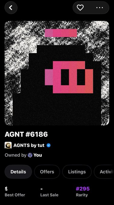 A mobile app screenshot displays a pixel art NFT titled 'AGNT #6186' from the collection 'AGNTS by tut', marked as 'Owned by You' with tabs for Details, Offers, Listings, and Activity.