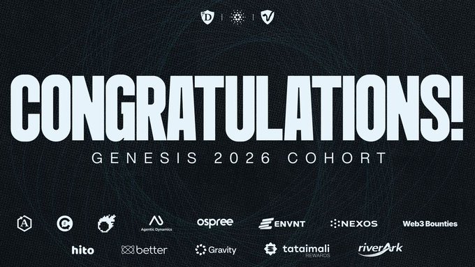 The image features a bold congratulations graphic on a dark background, displaying "CONGRATULATIONS! GENESIS 2026 COHORT" in large white text, with the Oroboro Design and Venture Validator logos at the top and a row of partner/portfolio logos along the bottom (including Agentic Dynamics, Ospree, ENVNT, Nexos, Web3Bounties, hito, better, Gravity, tataimali, and riverArk). It celebrates the finalization of the Genesis Cohort mentioned in the post, showcasing a preview of the projects and partners joining the program.