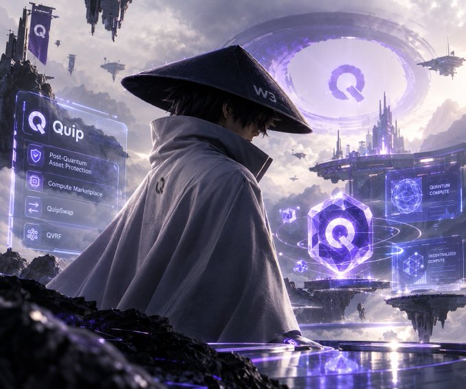 A digital illustration of a hooded figure overlooking a futuristic cityscape with floating platforms, holographic displays featuring the text 'Quip', 'Post-Quantum Asset Protection', 'Compute Marketplace', 'QuipSwap', and 'QVRF', and a large 'Q' logo.