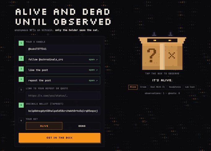 A webpage screenshot titled 'ALIVE AND DEAD UNTIL OBSERVED' about anonymous NFTs on Bitcoin, featuring task instructions and a pixel-art box graphic labeled 'IT'S ALIVE'.