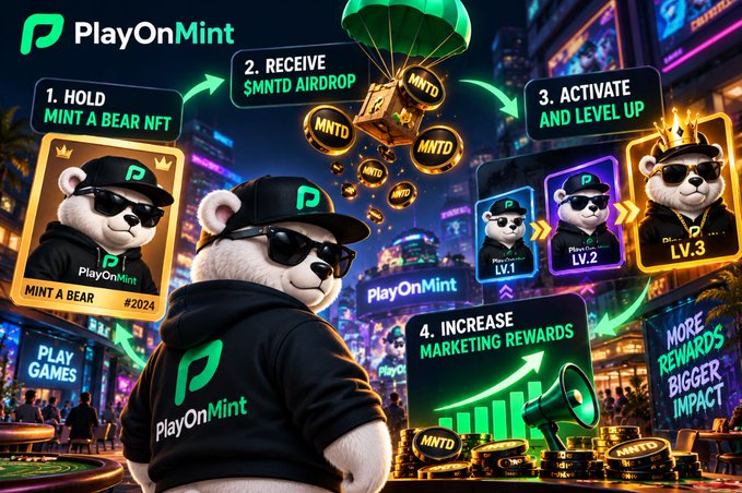 A promotional graphic for PlayOnMint's "Mint a Bear" NFT campaign, featuring a cool bear mascot in branded gear against a neon city backdrop, illustrating a four-step process: holding a Bear NFT (#2024), receiving $MNTD token airdrops, activating and leveling up through tiers (LV.1, LV.2, LV.3), and increasing marketing rewards—visually reinforcing the post's emphasis on Bear Mint NFTs and their $MNTD token incentives.